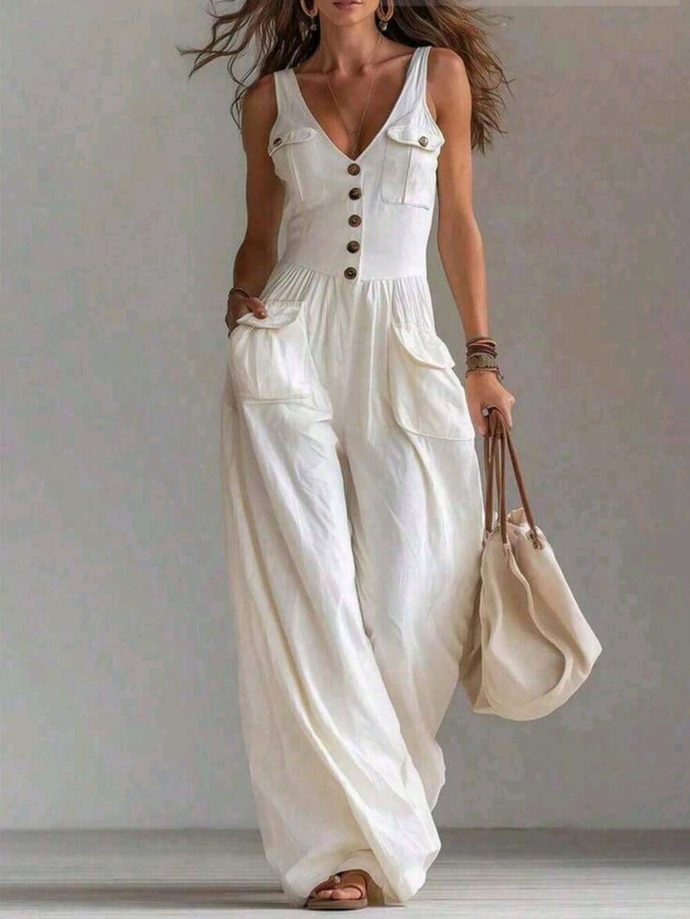Sleeveless Cream V-Neck Wide-Leg Jumpsuit with Button Front